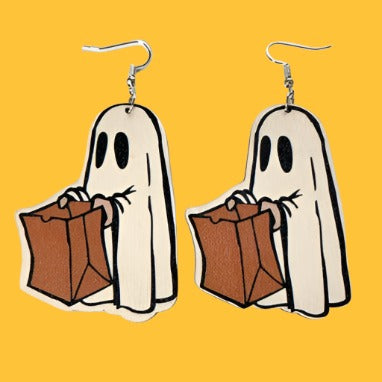 Trick or Treat Ghost Wood Earrings