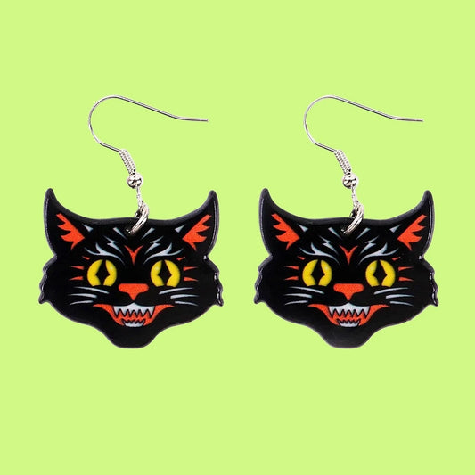 Vintage Halloween Black Cat Acrylic Earrings