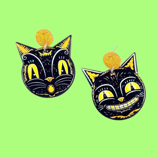 Vintage Halloween Black Cat & Glittery Yellow Acrylic Earrings