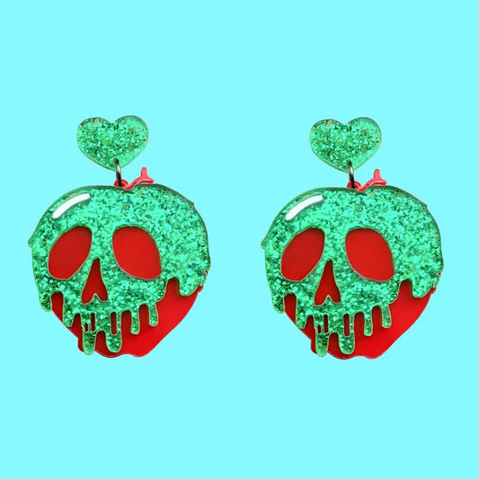 Snow White Poison Apple With Glitter Skull Acrylic 3-D Cut Earrings
